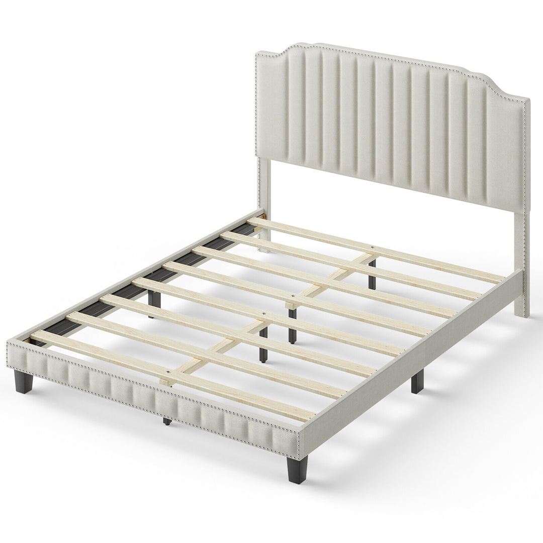 Twin/Full/Queen Upholstered Bed Frame with linen fabric vertical lines Rivets headboard Image 1