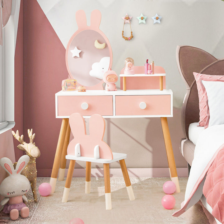 Kid Vanity Set Makeup Table Stool with Drawer Shelf Wood Leg Rabbit Mirror Image 3