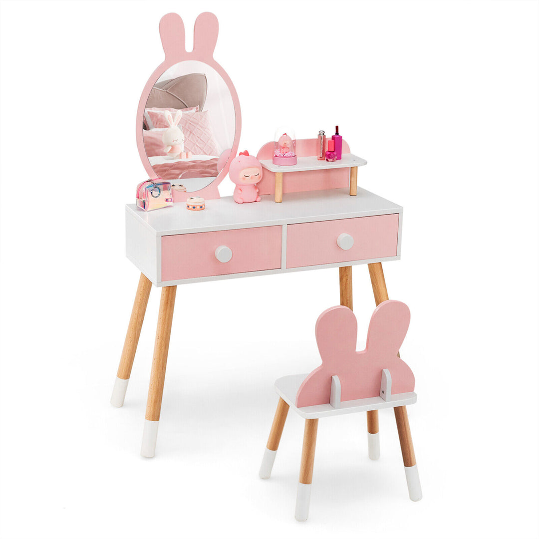 Kid Vanity Set Makeup Table Stool with Drawer Shelf Wood Leg Rabbit Mirror Image 1