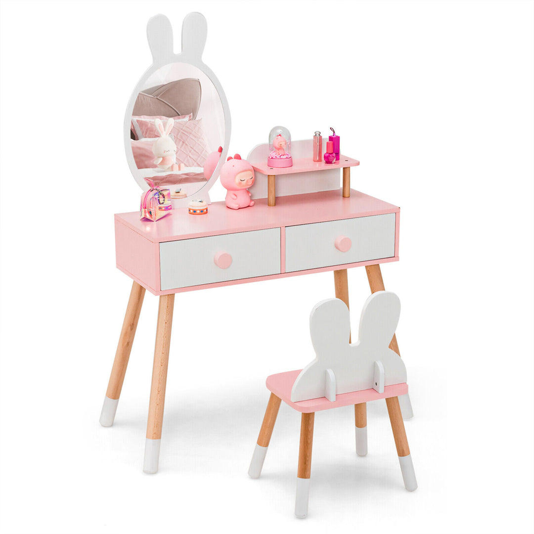 Kid Vanity Set Makeup Table Stool with Drawer Shelf Wood Leg Rabbit Mirror Image 5