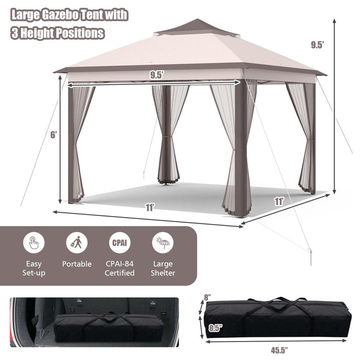 11 x 11 ft Pop up Gazebo 2-Tier Patio Canopy Tent Shelter w/ Carrying Bag Beige/Brown Image 2