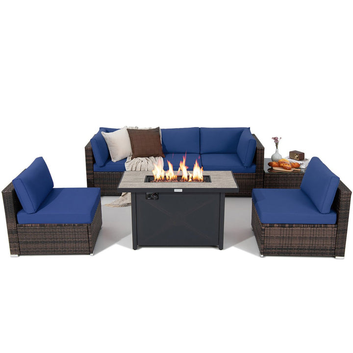 7PCS Patio Rattan Furniture Set Fire Pit Table Cover Cushion Image 1