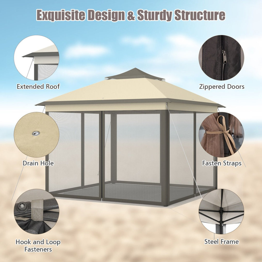 11 x 11 ft Pop up Gazebo 2-Tier Patio Canopy Tent Shelter w/ Carrying Bag Beige/Brown Image 3