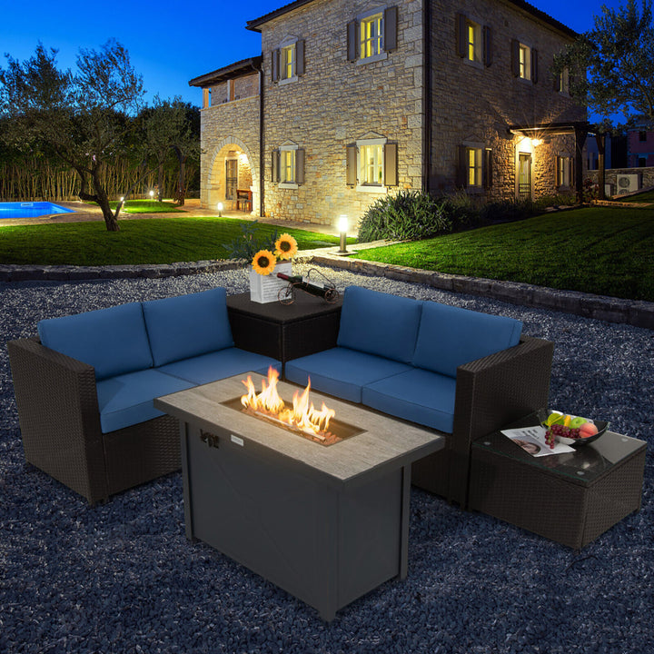 5PCS Patio Rattan Furniture Set Fire Pit Table w/ Cover Storage Cushion Image 3