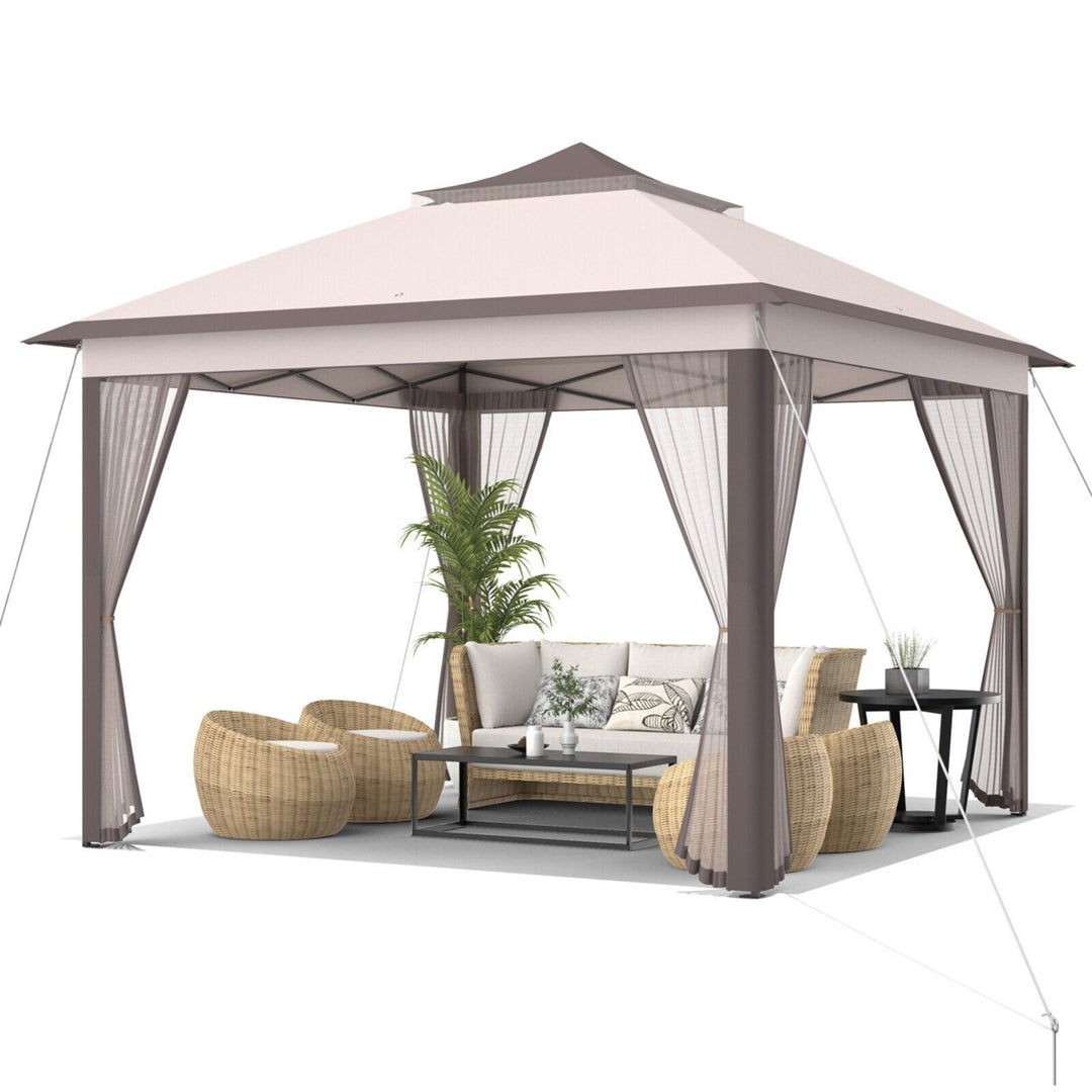 11 x 11 ft Pop up Gazebo 2-Tier Patio Canopy Tent Shelter w/ Carrying Bag Beige/Brown Image 4