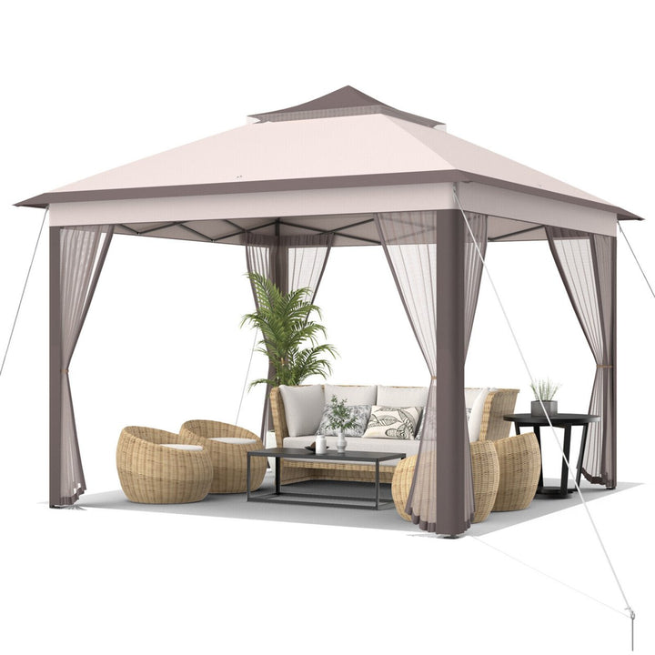 11 x 11 ft Pop up Gazebo 2-Tier Patio Canopy Tent Shelter w/ Carrying Bag Beige/Brown Image 1