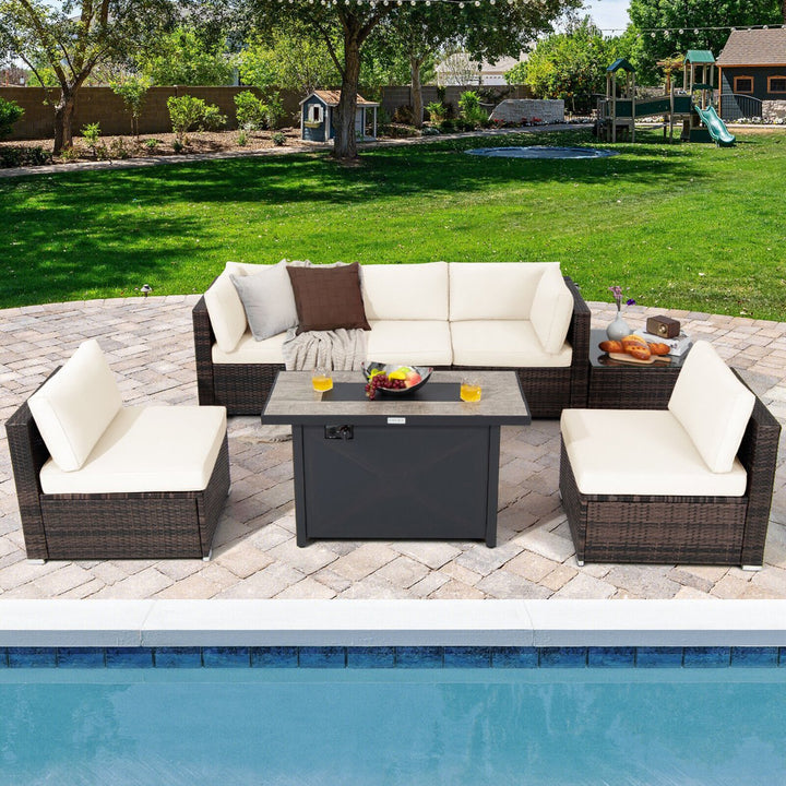 7PCS Patio Rattan Furniture Set Fire Pit Table Cover Cushion Image 3