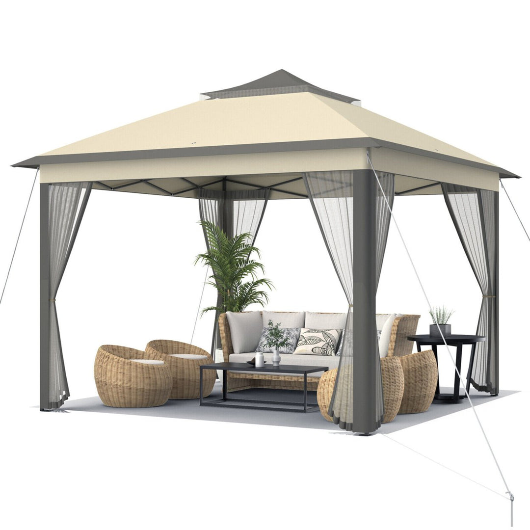 11 x 11 ft Pop up Gazebo 2-Tier Patio Canopy Tent Shelter w/ Carrying Bag Beige/Brown Image 1