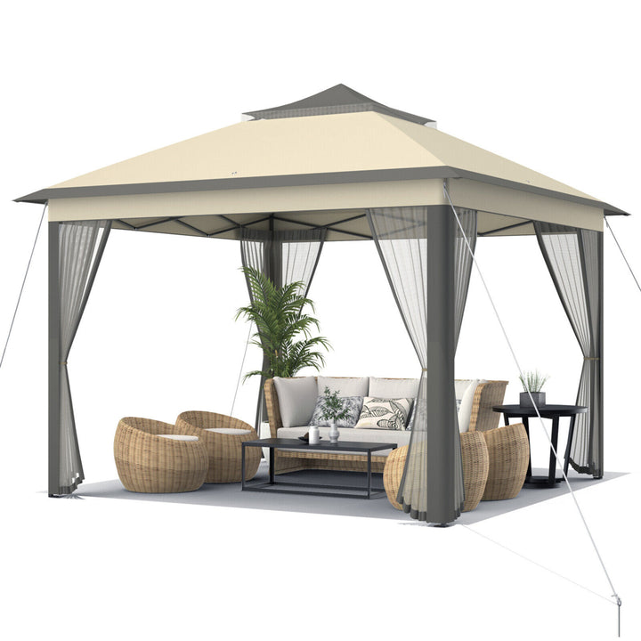 11 x 11 ft Pop up Gazebo 2-Tier Patio Canopy Tent Shelter w/ Carrying Bag Beige/Brown Image 5