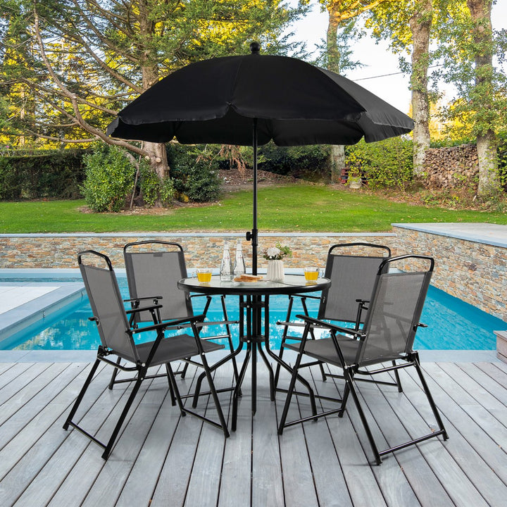 6PCS Patio Garden Dining Set w/ Round Table and 4 Folding Chairs and Tiltable Umbrella Image 1