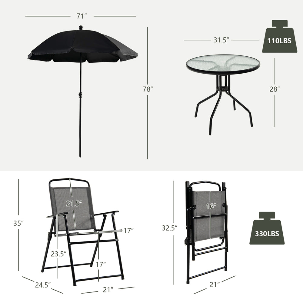 6PCS Patio Garden Dining Set w/ Round Table and 4 Folding Chairs and Tiltable Umbrella Image 2