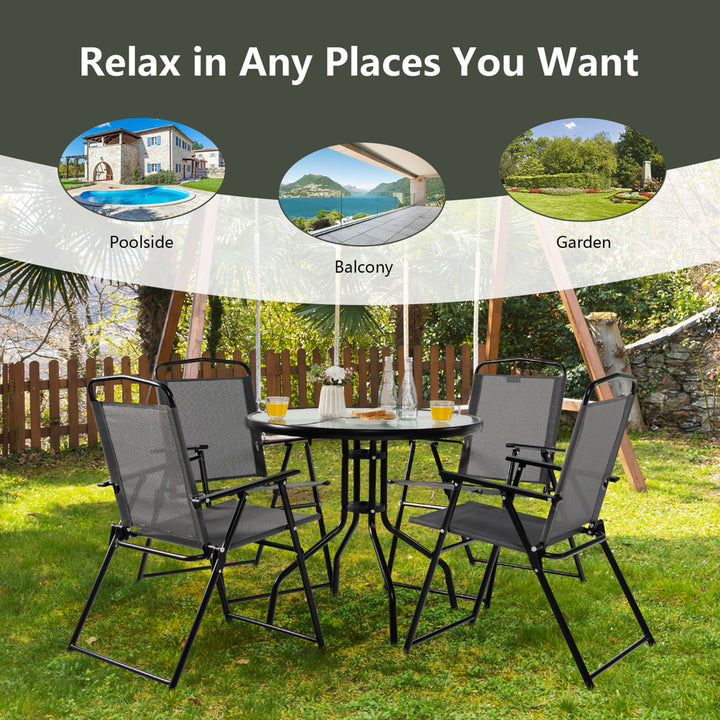 6PCS Patio Garden Dining Set w/ Round Table and 4 Folding Chairs and Tiltable Umbrella Image 6