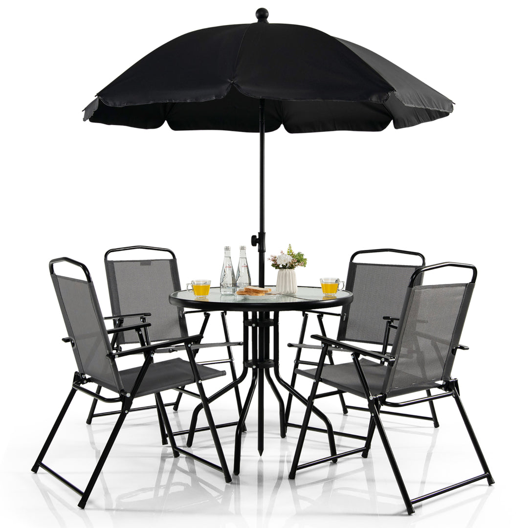 6PCS Patio Garden Dining Set w/ Round Table and 4 Folding Chairs and Tiltable Umbrella Image 9