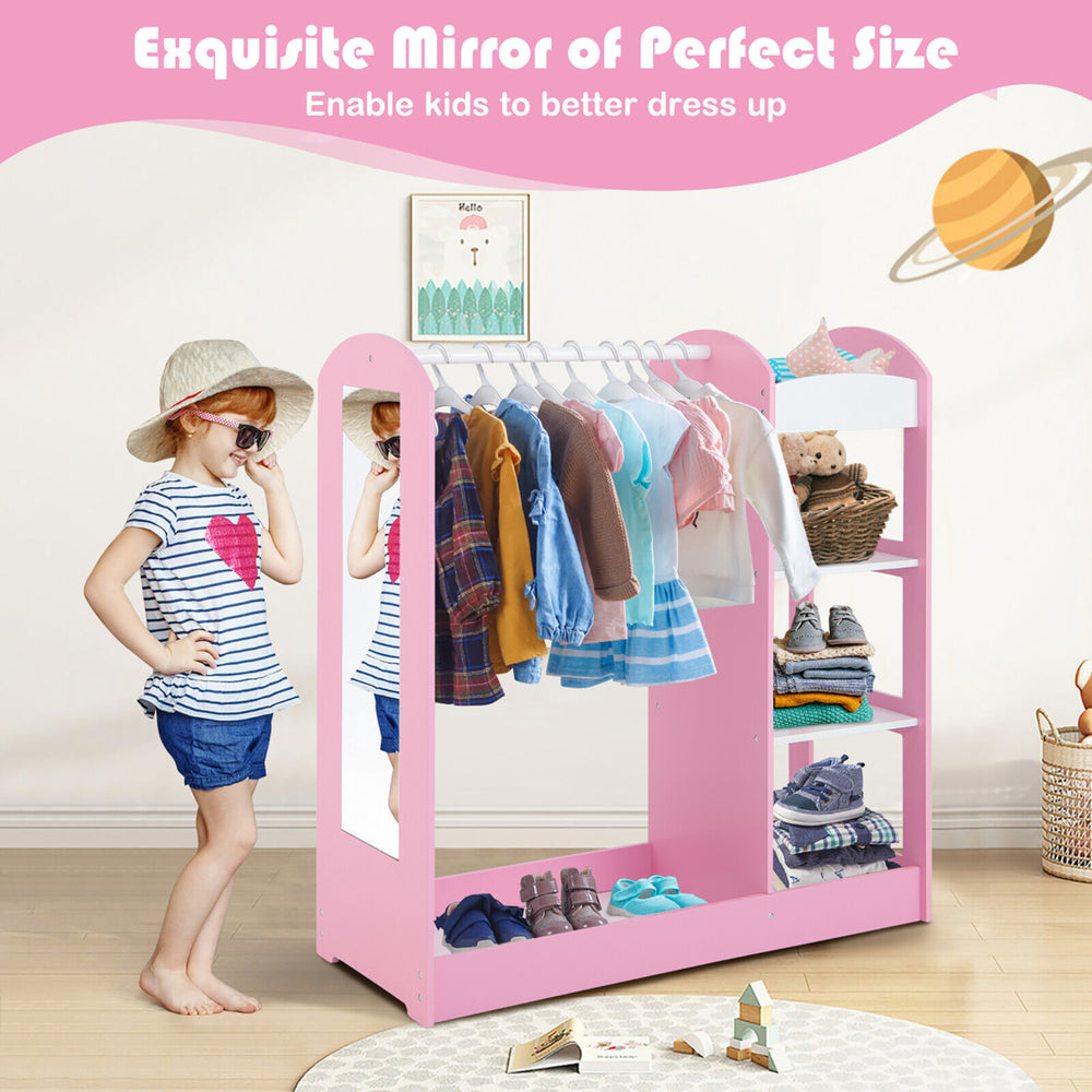 Kids Dress up Storage Hanging Armoire Dresser Costume Closet w/ Mirror Shelves Image 2