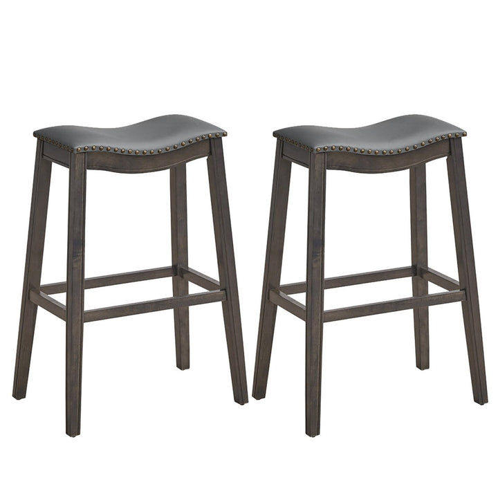 Set of 2 Saddle Bar Stools Bar Height Kitchen Chairs w/ Rubber Wood Legs Image 1