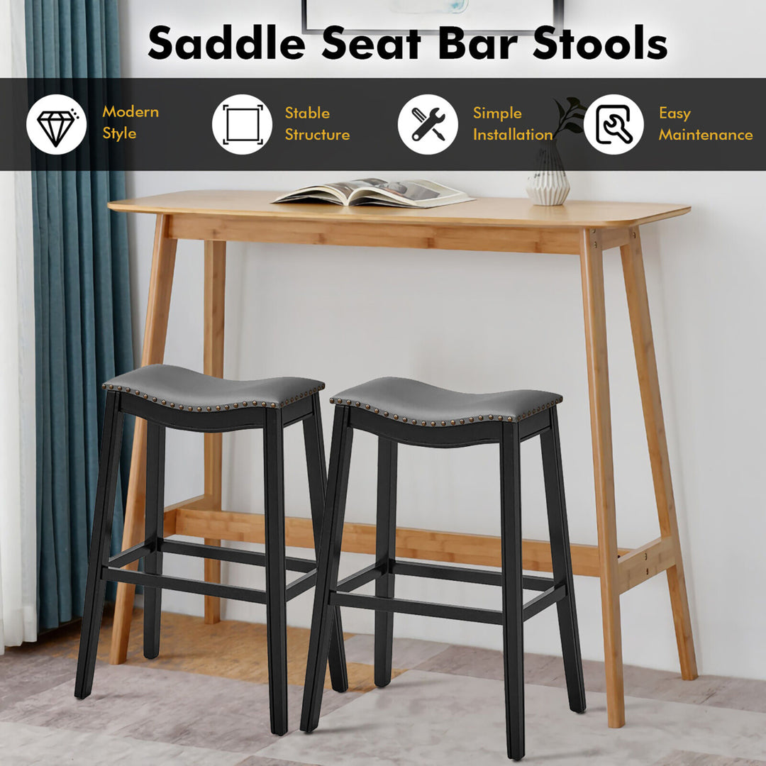 Set of 2 Saddle Bar Stools Bar Height Kitchen Chairs w/ Rubber Wood Legs Image 2