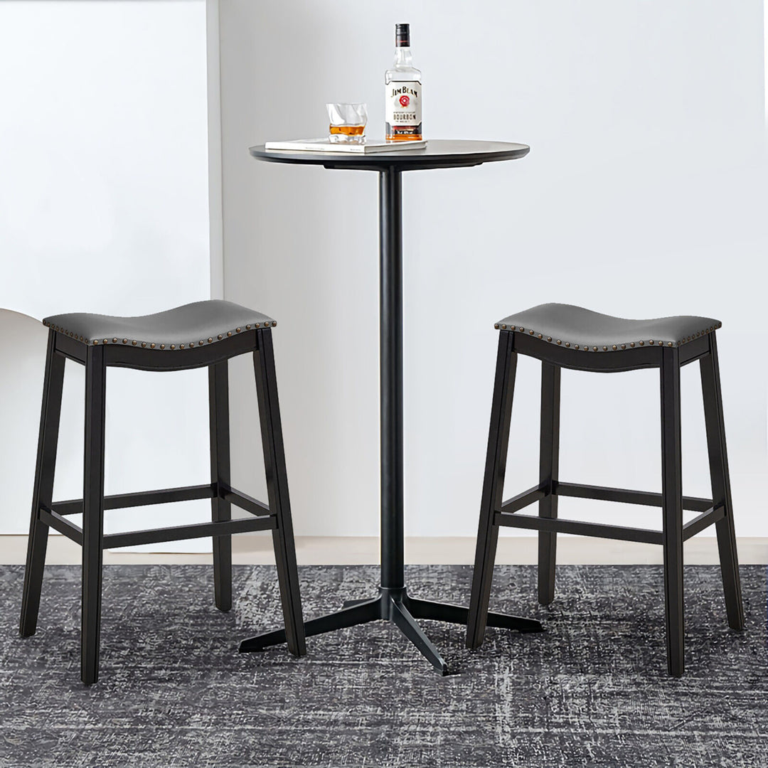 Set of 2 Saddle Bar Stools Bar Height Kitchen Chairs w/ Rubber Wood Legs Image 3