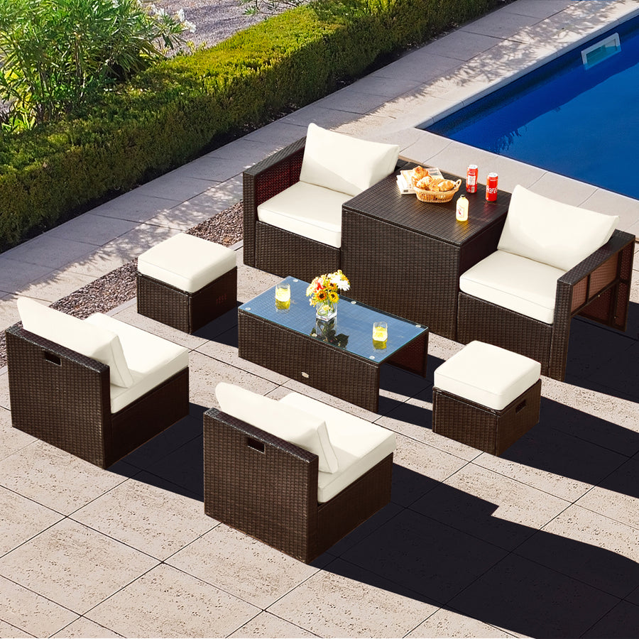 8PCS Patio Rattan PE Wicker Conversation Set All-Weather Furniture Set w/ Cushions Image 1