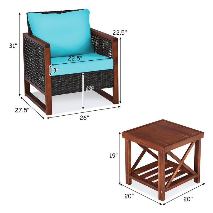 3PCS Rattan Wicker Patio Conversation Set Outdoor Furniture Set w/ Turquoise Cushion Image 5