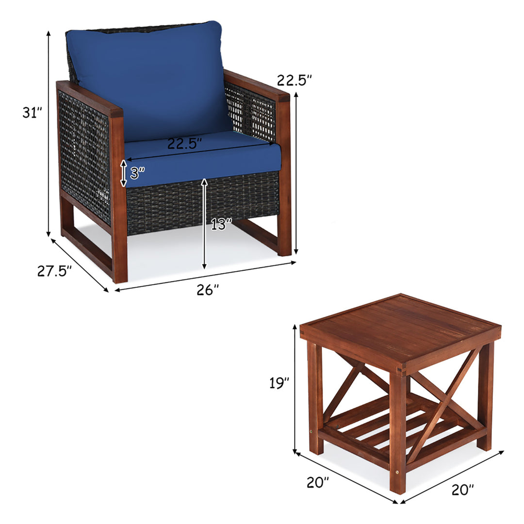 3PCS Rattan Wicker Patio Conversation Set Outdoor Furniture Set w/ Navy Cushion Image 3