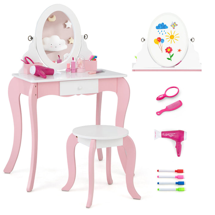 Pretend Kids Vanity Set Makeup Dressing Table 2-in-1 Mirror and Whiteboard Image 1