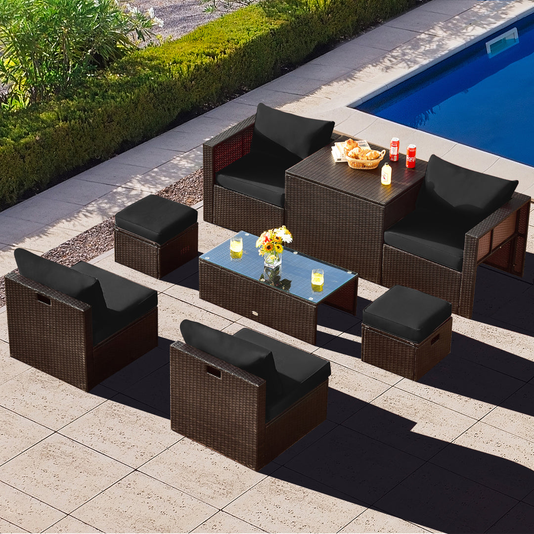 8PCS Patio Rattan PE Wicker Conversation Set All-Weather Furniture Set w/ Cushions Image 4