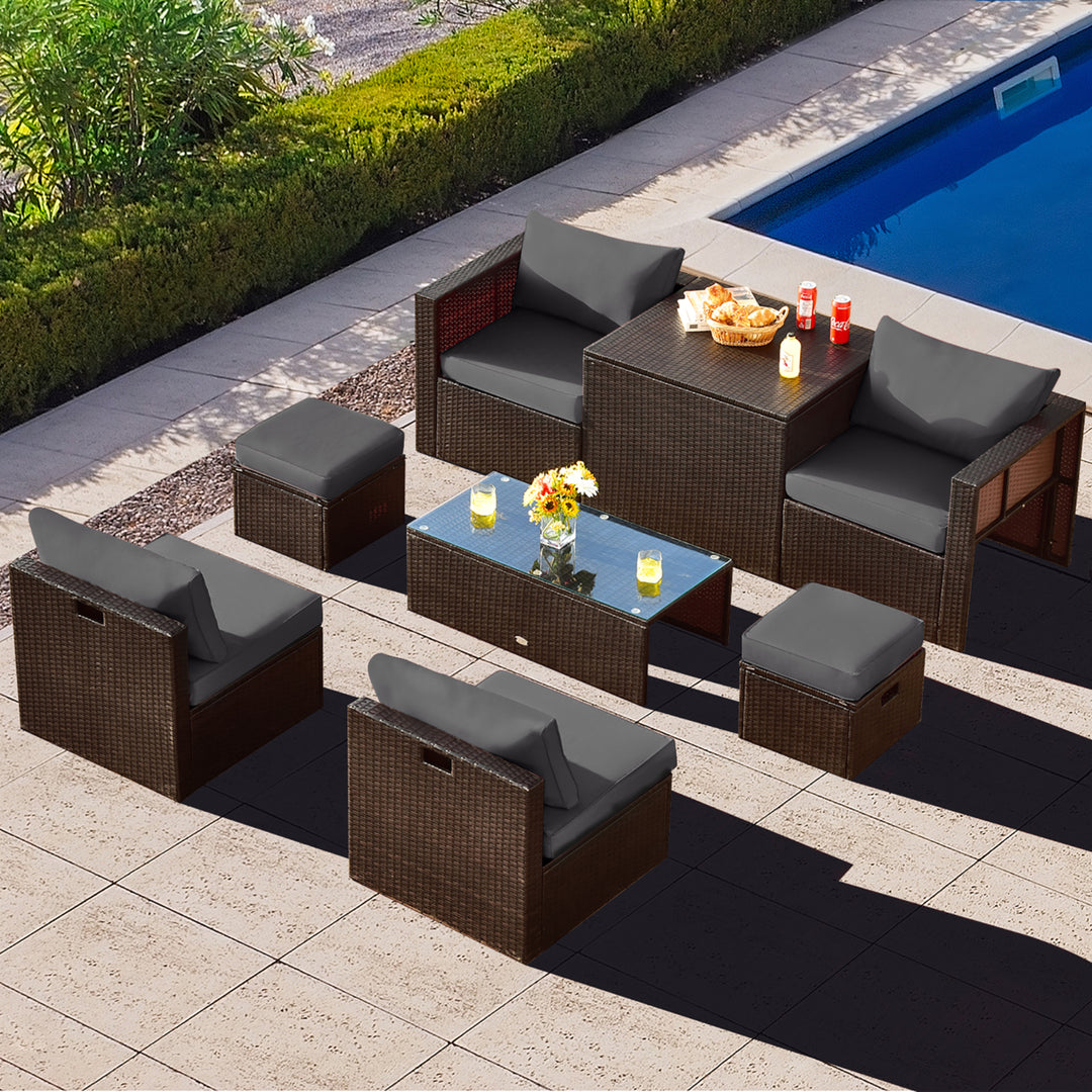 8PCS Patio Rattan PE Wicker Conversation Set All-Weather Furniture Set w/ Cushions Image 5