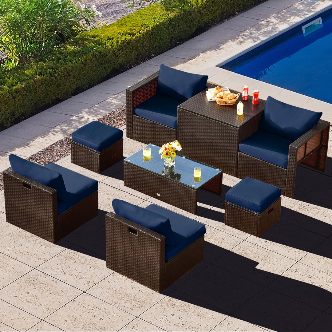 8PCS Patio Rattan PE Wicker Conversation Set All-Weather Furniture Set w/ Cushions Image 6