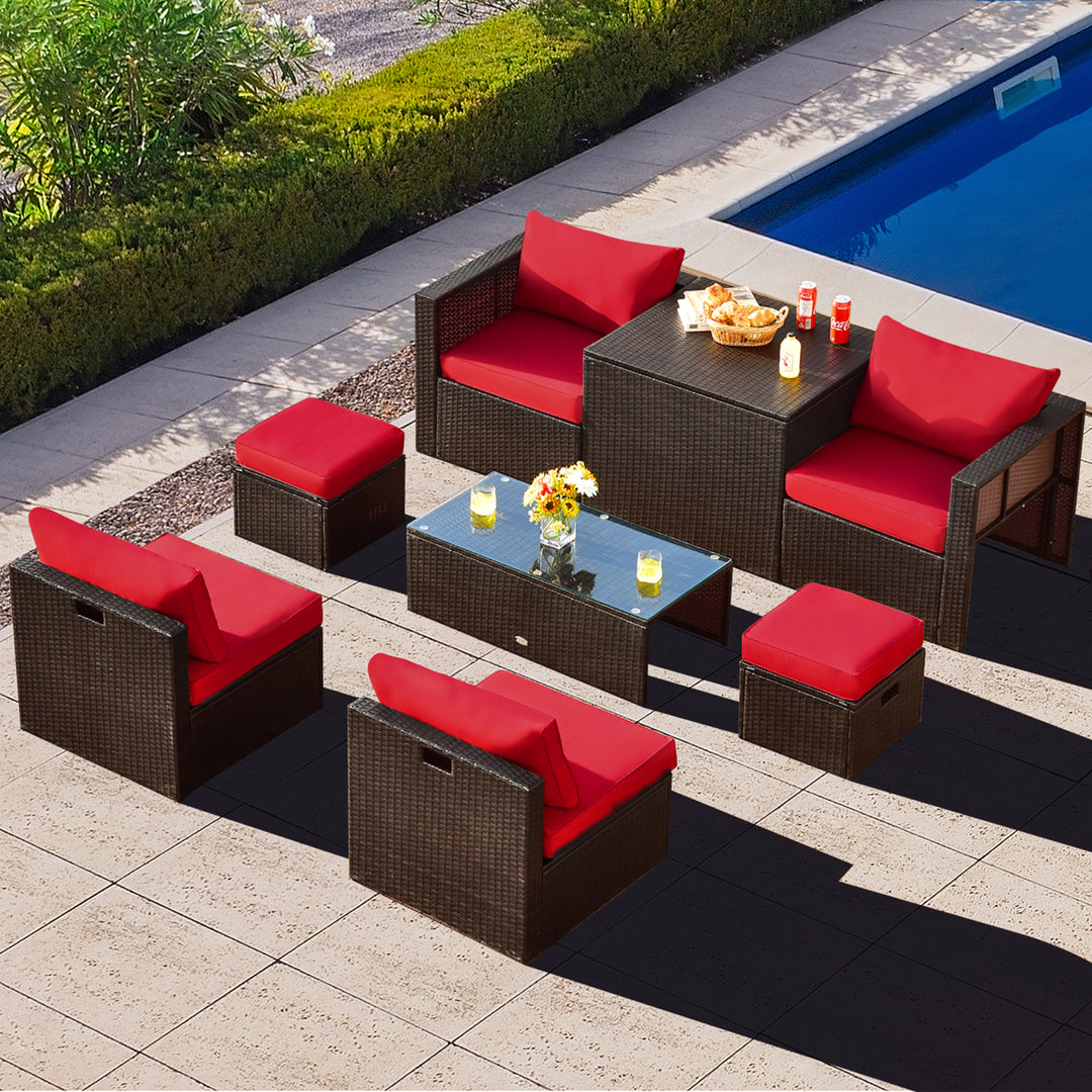 8PCS Patio Rattan PE Wicker Conversation Set All-Weather Furniture Set w/ Cushions Image 7