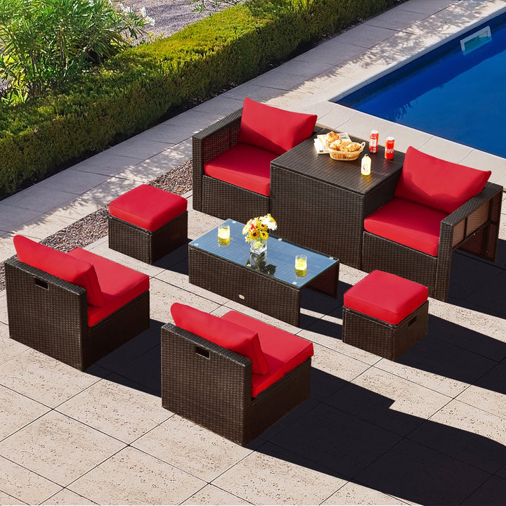 8PCS Patio Rattan PE Wicker Conversation Set All-Weather Furniture Set w/ Cushions Image 1