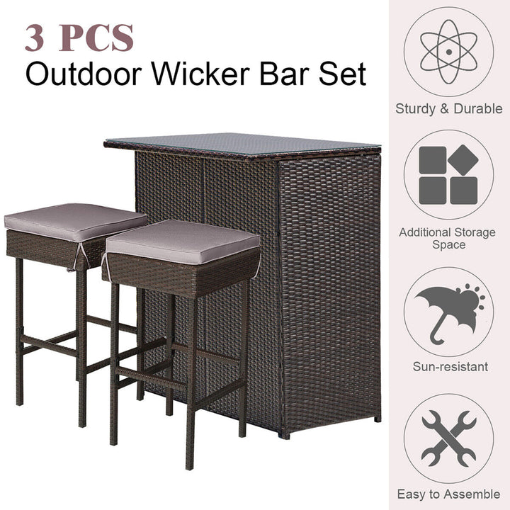 3PCS Rattan Patio Bar Table and Stool Set Dining Set w/ Gray and Off white Cushion Image 3