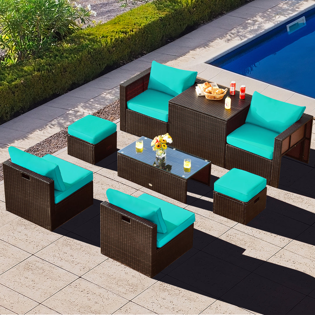 8PCS Patio Rattan PE Wicker Conversation Set All-Weather Furniture Set w/ Cushions Image 8