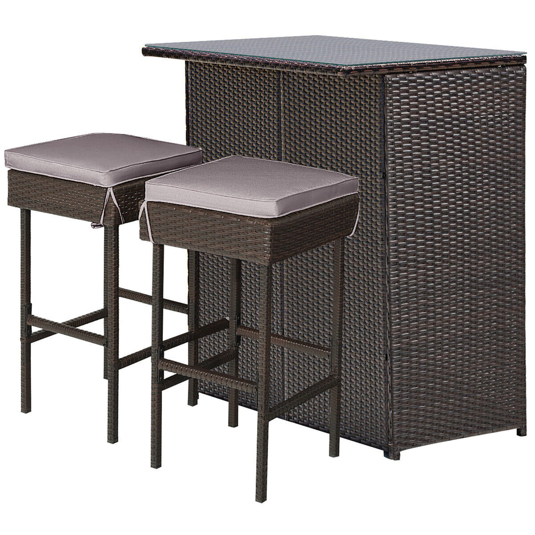 3PCS Rattan Patio Bar Table and Stool Set Dining Set w/ Gray and Off white Cushion Image 6