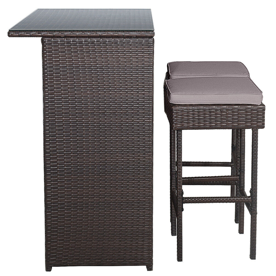 3PCS Rattan Patio Bar Table and Stool Set Dining Set w/ Gray and Off white Cushion Image 7