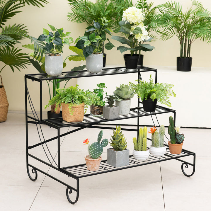 3-Tier Metal Shelf Ladder Shaped Plant Stand Flower Pot Display Rack Organizer Image 3