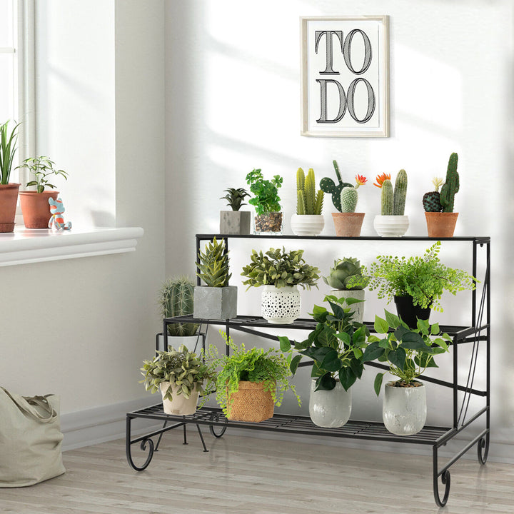 3-Tier Metal Shelf Ladder Shaped Plant Stand Flower Pot Display Rack Organizer Image 4