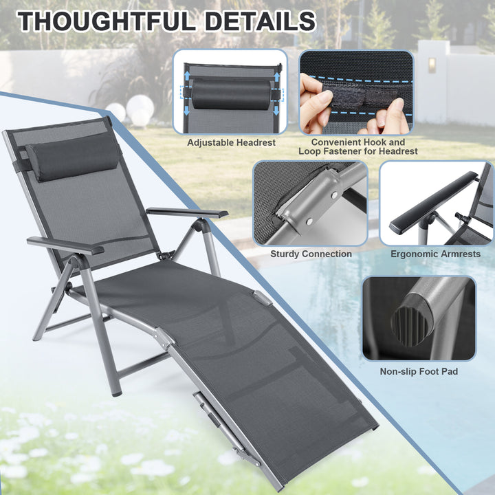 2PCS Patio Lounge Chair Rustproof Aluminum Folding Chaise w/ Adjustable Backrest and Footrest Image 5