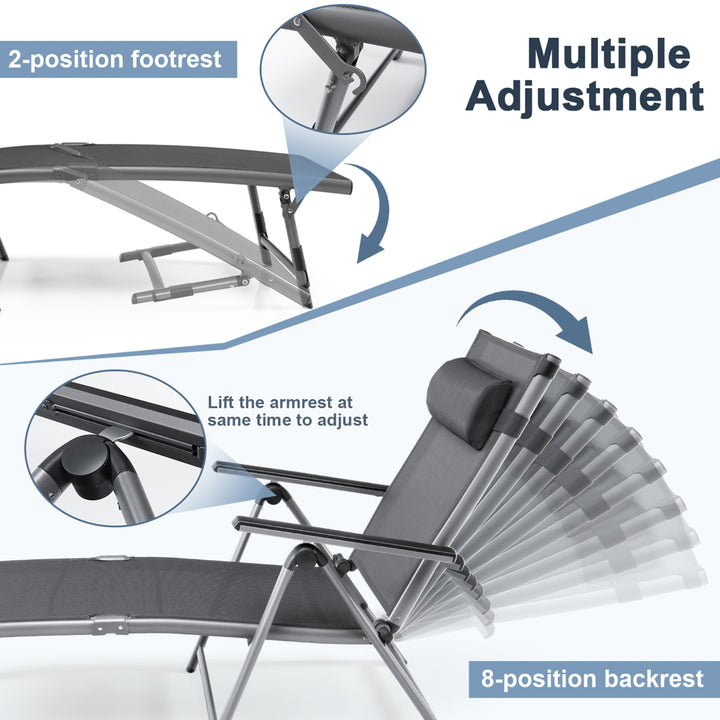 2PCS Patio Lounge Chair Rustproof Aluminum Folding Chaise w/ Adjustable Backrest and Footrest Image 7