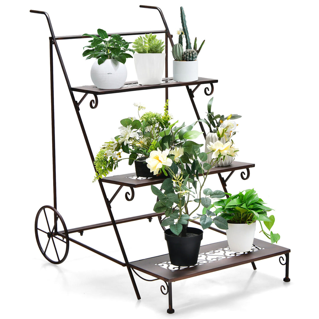 3-Tier Metal Plant Stand Ladder Shaped Flower Pot Holder Storage Rack w/ Wheels Image 1