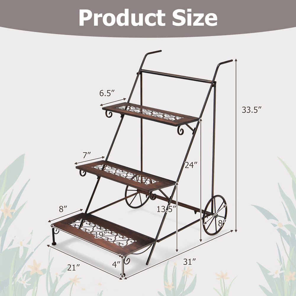 3-Tier Metal Plant Stand Ladder Shaped Flower Pot Holder Storage Rack w/ Wheels Image 2