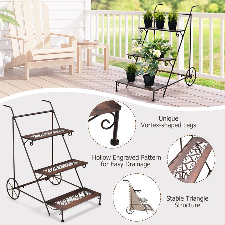 3-Tier Metal Plant Stand Ladder Shaped Flower Pot Holder Storage Rack w/ Wheels Image 5