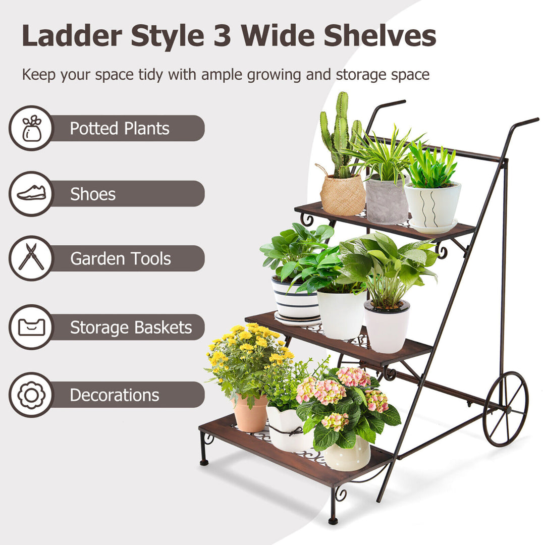 3-Tier Metal Plant Stand Ladder Shaped Flower Pot Holder Storage Rack w/ Wheels Image 6