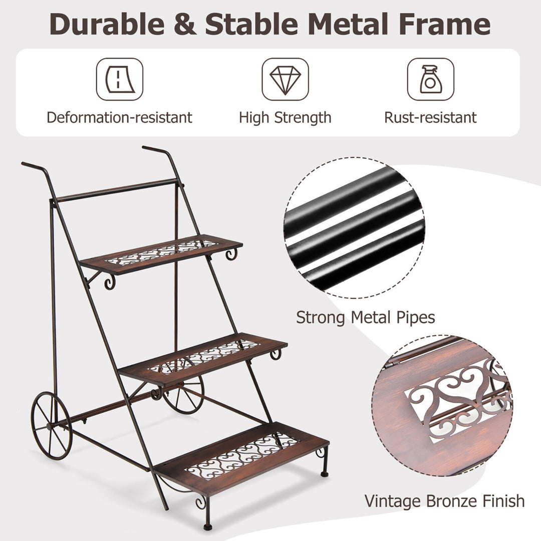 3-Tier Metal Plant Stand Ladder Shaped Flower Pot Holder Storage Rack w/ Wheels Image 7