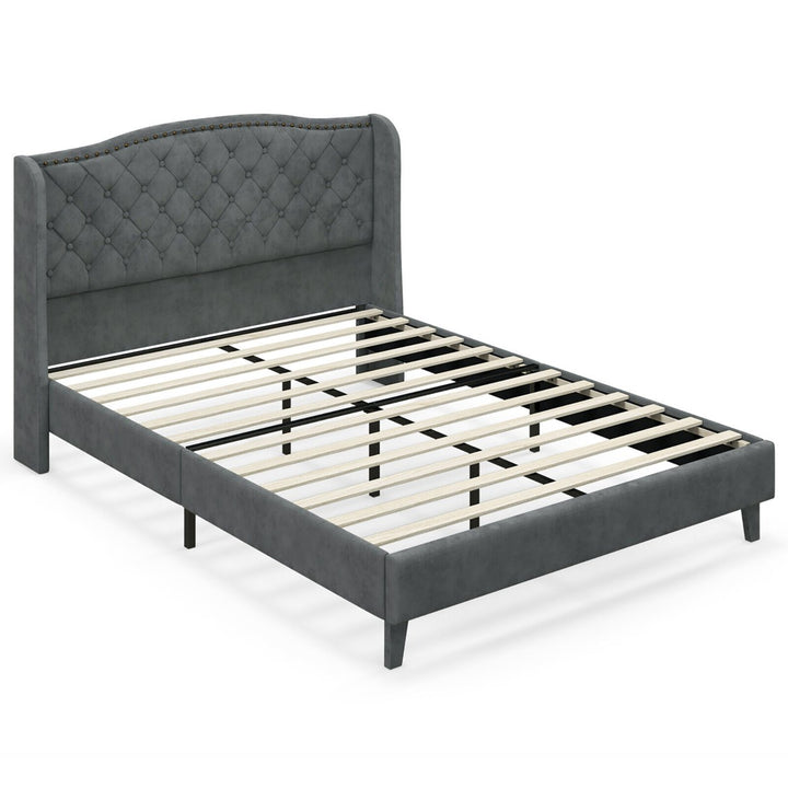 Full Upholstered Platform Bed Frame w/ Button Tufted Headboard Wooden Slats Image 3