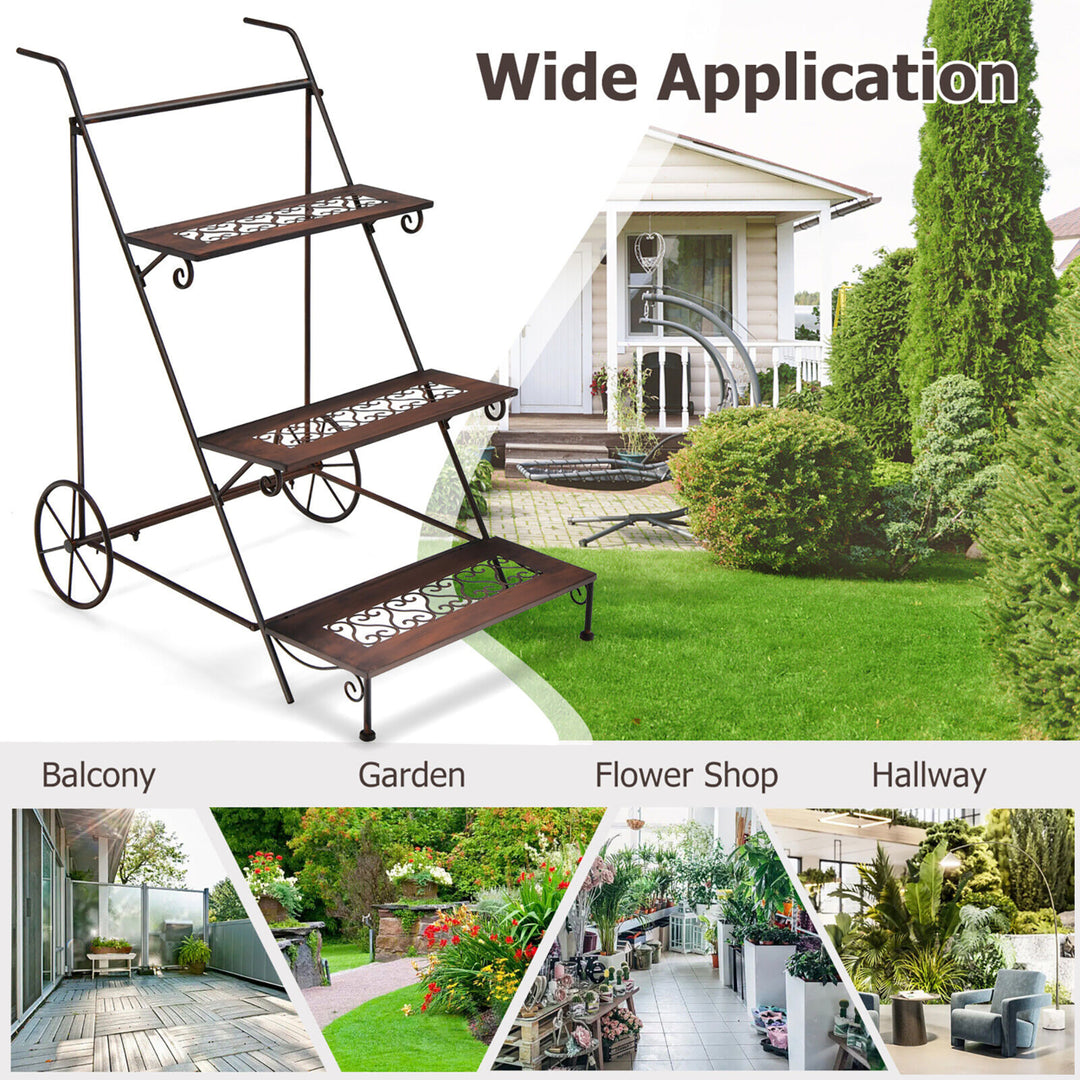 3-Tier Metal Plant Stand Ladder Shaped Flower Pot Holder Storage Rack w/ Wheels Image 9