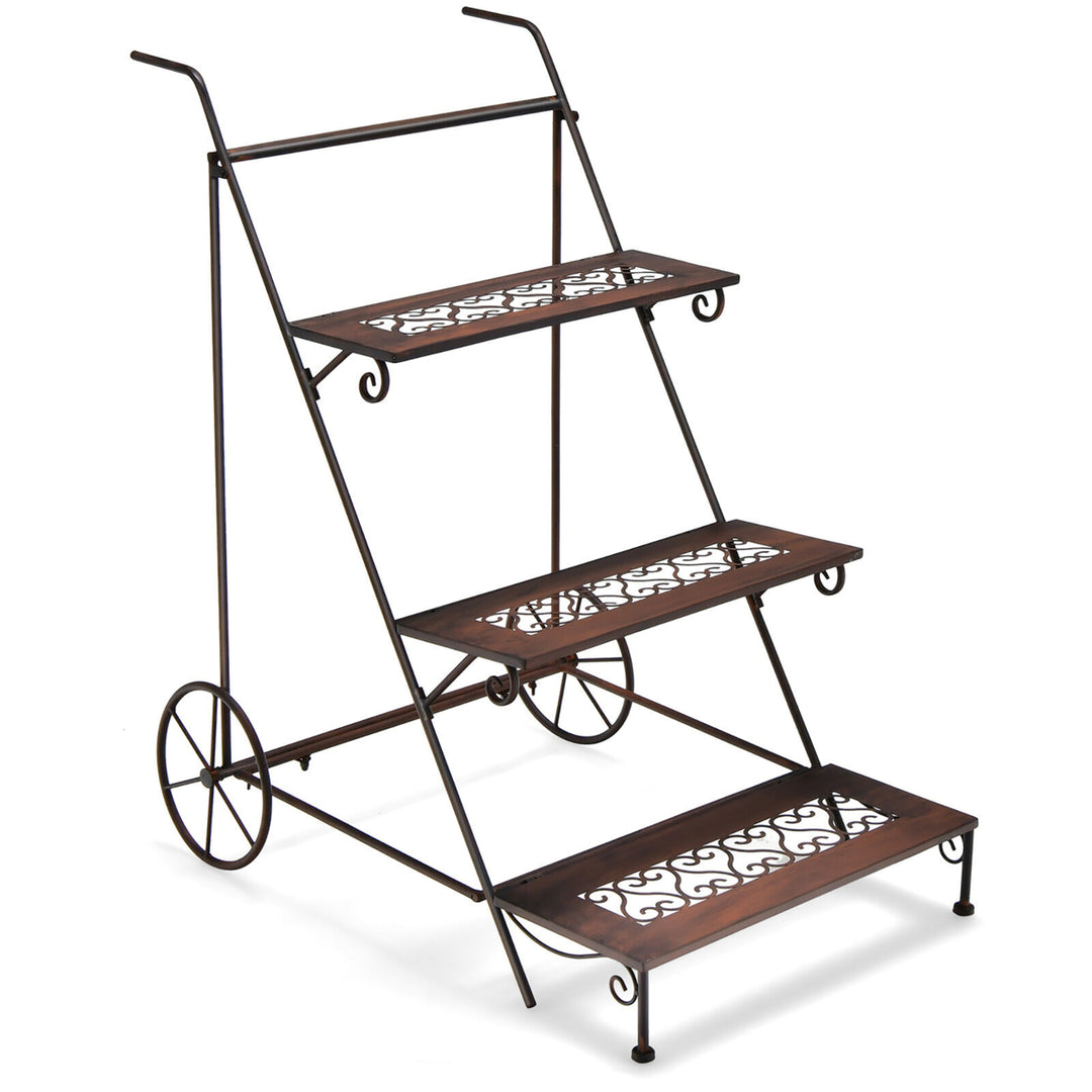 3-Tier Metal Plant Stand Ladder Shaped Flower Pot Holder Storage Rack w/ Wheels Image 10