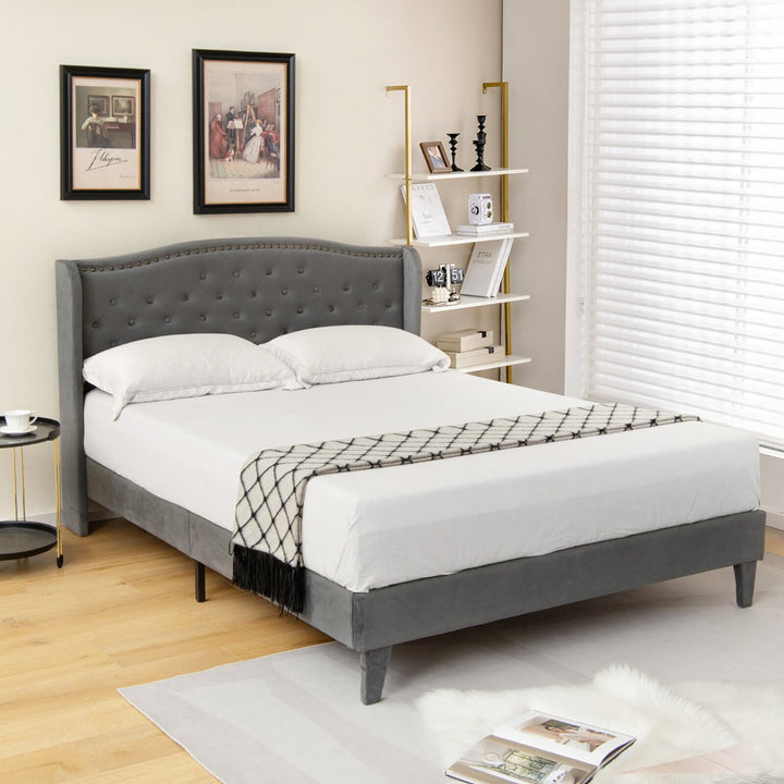 Full Upholstered Platform Bed Frame w/ Button Tufted Headboard Wooden Slats Image 1