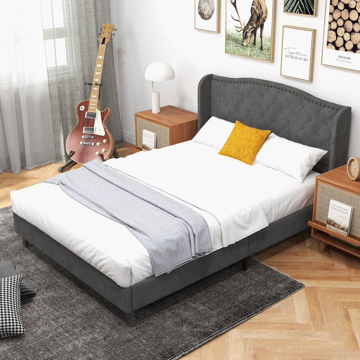 Full Upholstered Platform Bed Frame w/ Button Tufted Headboard Wooden Slats Image 5