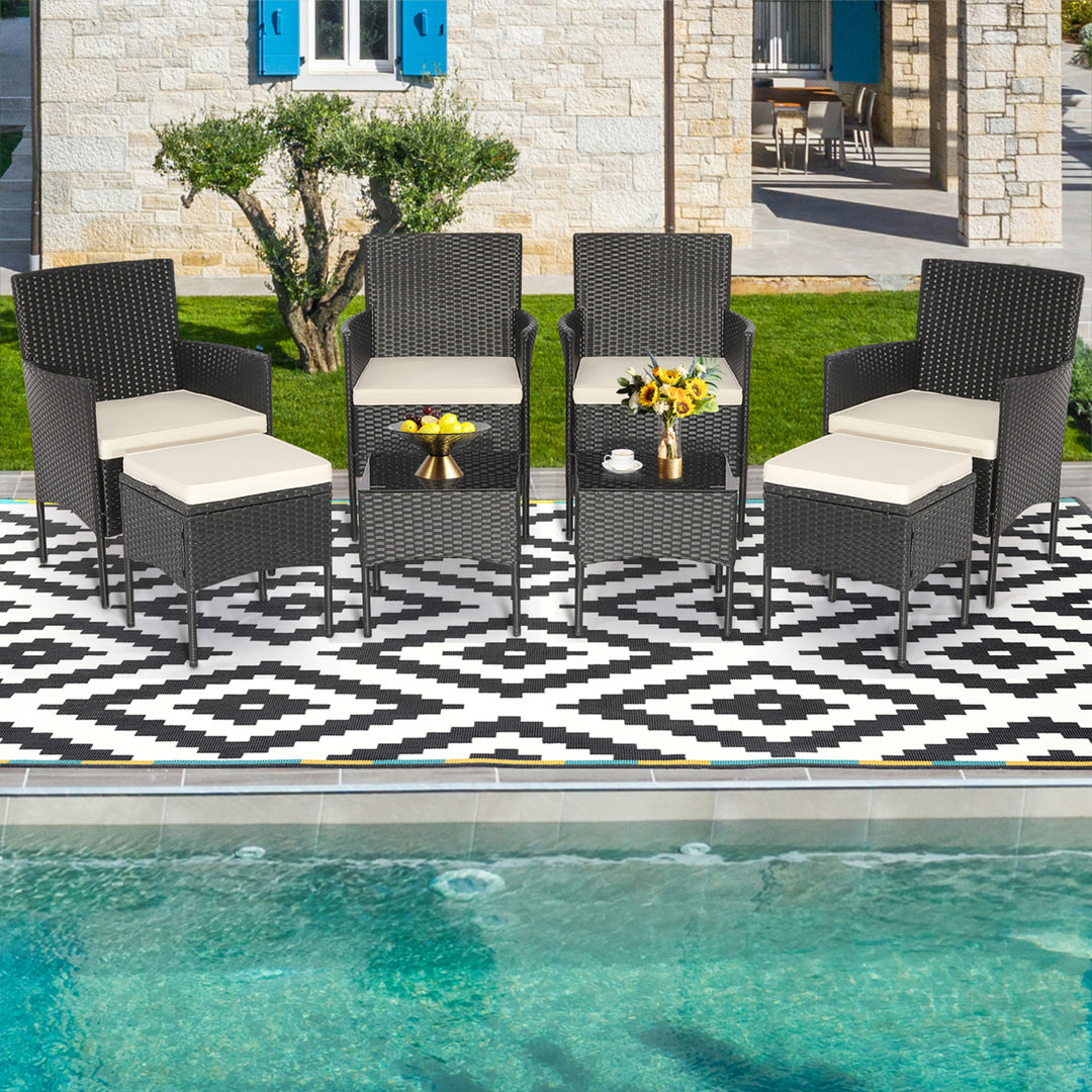 8PCS Outdoor Conversation Furniture Set Patio PE Rattan Sofa Set w/ Tables and Ottoman Image 10