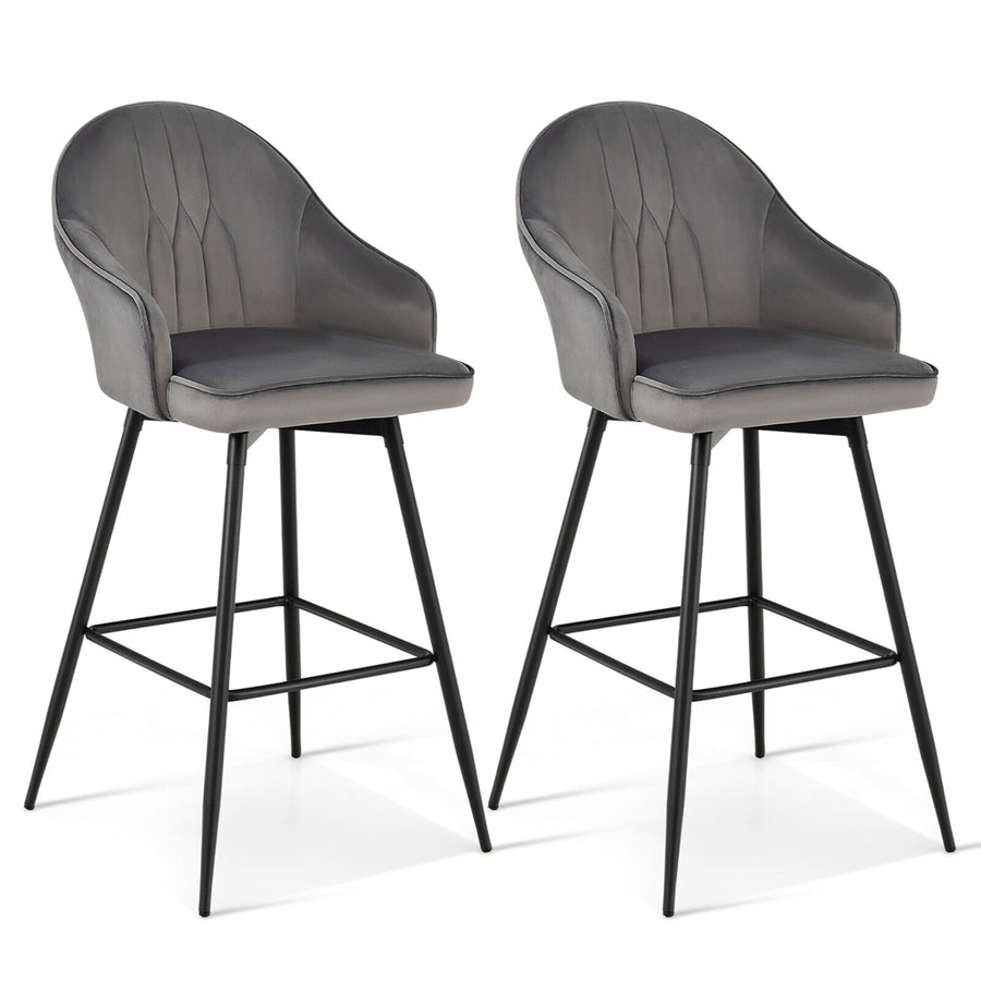 Set of 2 Velvet Bar Stools Swivel Pub Height Dining Chairs w/ Metal Legs Gray Image 1